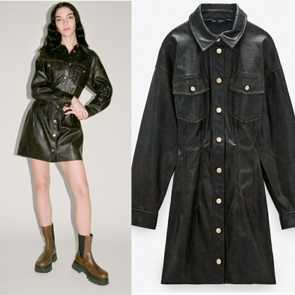 ZARA Faux Leather Dress washed brown size L New with tag